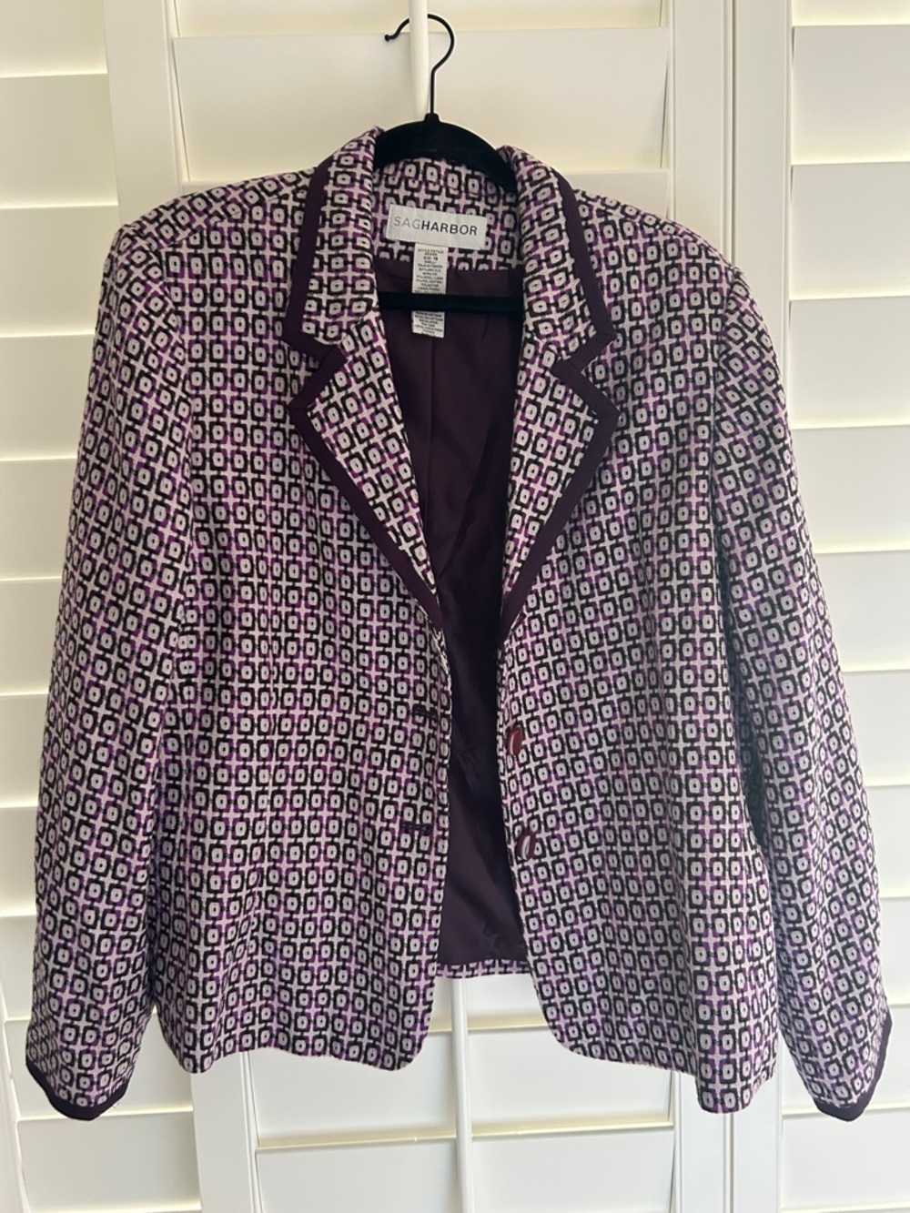 Sag Harbor Purple Geometric Blazer with Dark Trim
